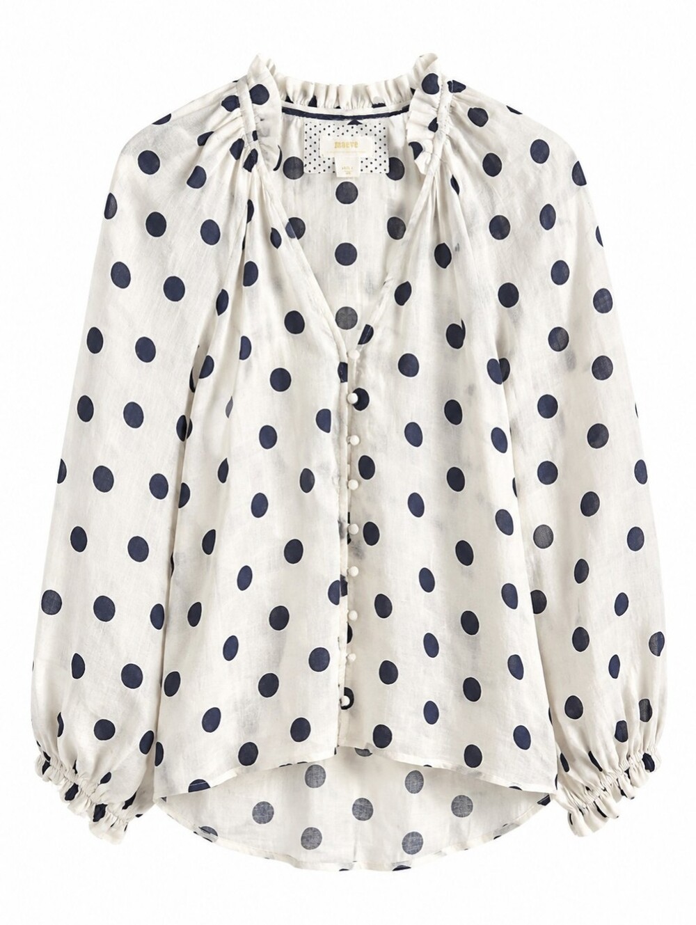 NWT Maeve Linen White & Navy Polka Dot Button Front Blouse, S, Gathered Sleeve